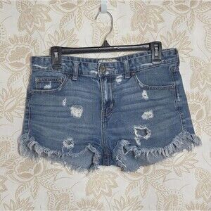 Free People Womens Distressed Denim Shorts Raw Hem Zip Front 29 EUC Festival 90s